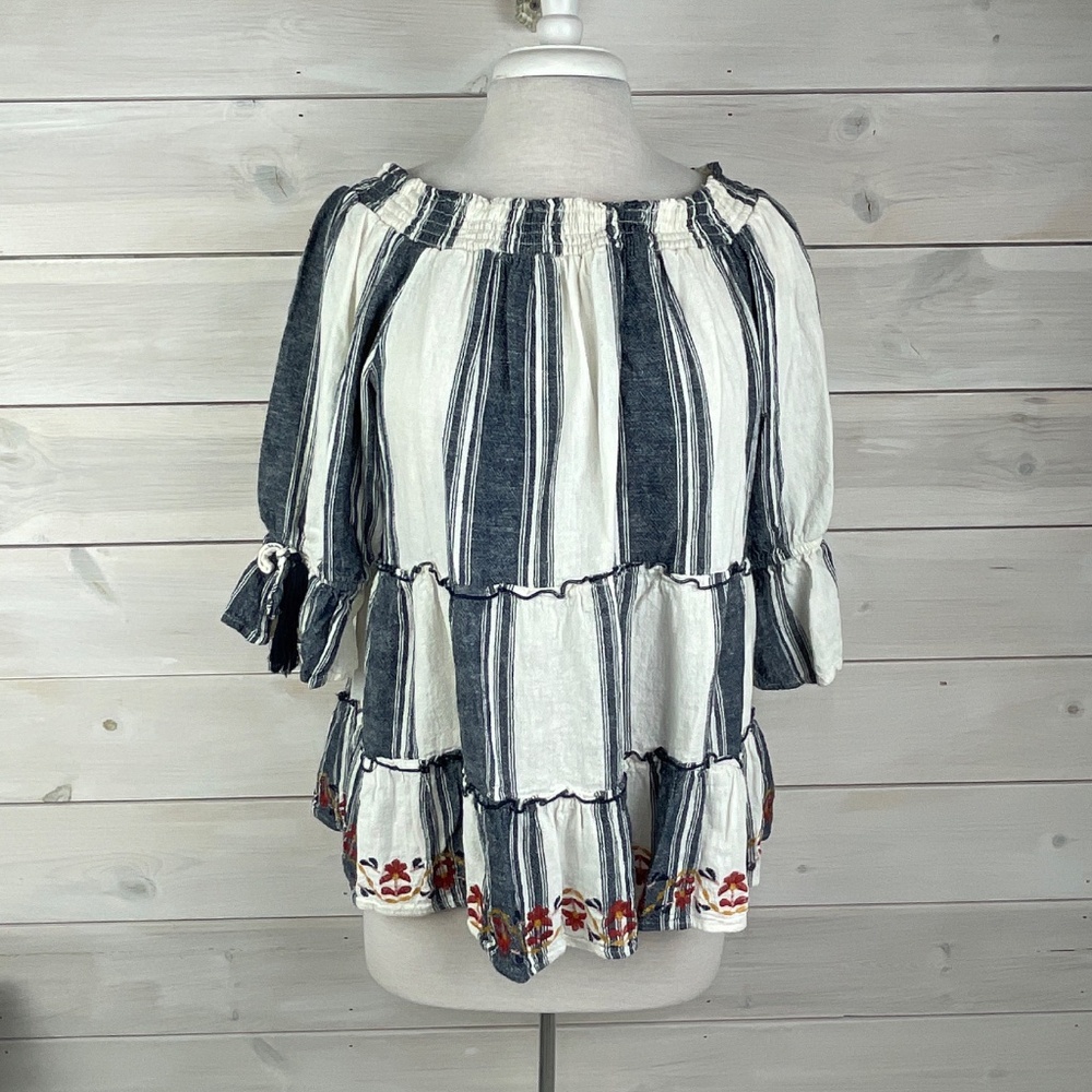 Knox Rose Linen Blue White Stripe Ruffle Boho Top